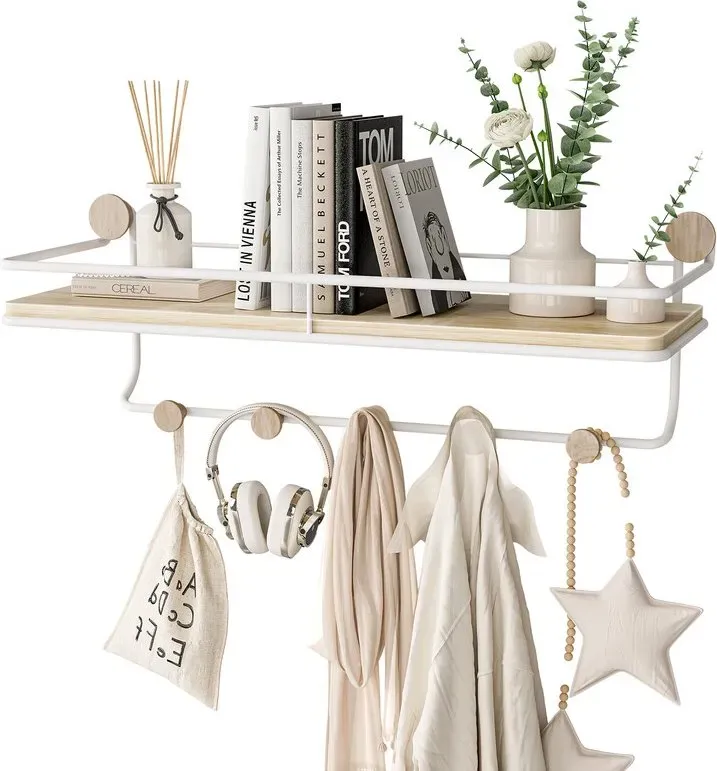 KAPANOU Schwebende Regalböden mit Kleiderstange mit Haken, wandmontiertes Regalbrett in Naturholzoptik für Badezimmer, Schlafzimmer, Wohnzimmer (weiß), Neujahr-Verkauf, Top-Geschenkideen
