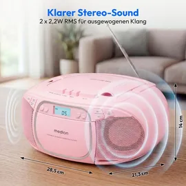 Medion E66476 Stereo Sound System (Boombox, CD-Player, MP3, Kassette, tragbarer Kassettenspieler für Kinder, UKW Radio, AUX, Kopfhörer, Netz & Batterie) pink,