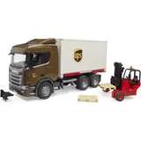 Bruder 03582 - Scania Super 560R UPS Logistik-LKW mit Mitnahmestapler braun 1:16