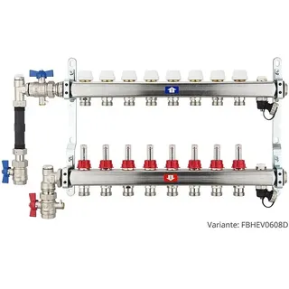 Fußbodenheizungsverteiler aus Edelstahl mit Topmeter für 8 Heizkreise - mit WMZ-Anschlussset 110 mm senkrecht