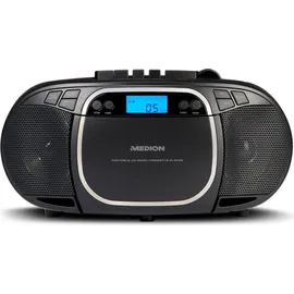 Medion E66476 Stereo Sound System (Boombox, CD-Player, MP3, Kassette, tragbarer Kassettenspieler für Kinder, UKW Radio, AUX, Kopfhörer, Netz & Batterie) schwarz