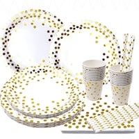 80 Stück Weiß & Gold Partybedarf Geschirr Partygeschirr Gold Pappteller Servietten Tassen Strohhalme für Hochzeiten, Jubiläum, Geburtstag, für 20 Gäste