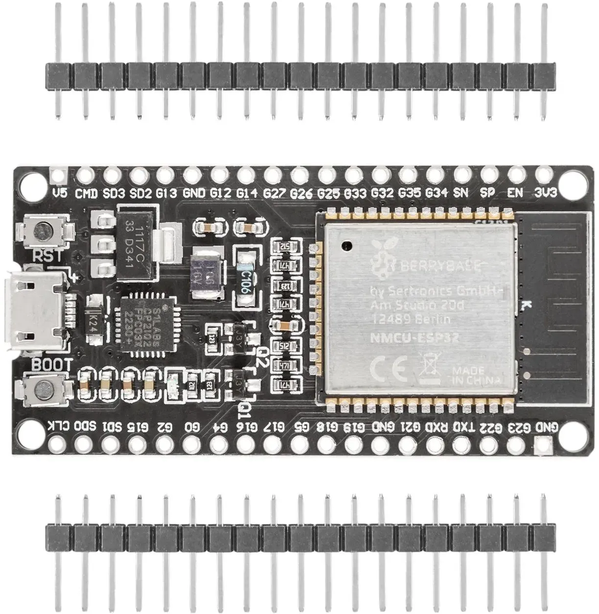 BerryBase NodeMCU ESP32 Dev Board WROOM32, 240 MHz Dual-Core, CP2102, 34 GPIO, 5V, ungelötet