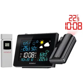 KIENZLE Funk-Wetterstation mit Projektion, Farbdisplay, Außensensor, Schimmelwarnung, 2 Weckzeiten