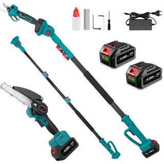 ONEVAN Akku Hochentaster und Astschere mit Teleskopstiel, 4-in-1, Bürstenlos 6 Zoll Akku Kettensäge + 15mm Akku Baumschere + 260mm Teleskopstange, 180° Einstellbarer Winkel, mit 2 4.0Ah Akkus