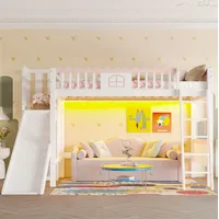 Hochbett Kinderbett Aus Kiefernholz Und Mdf, Weiß, 90x200 Cm, Mit Rutsche, Regalen Und Led-licht