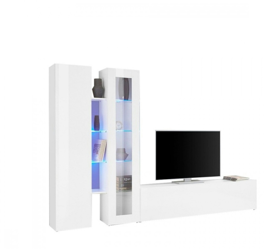 Dmora Wohnzimmermöbel Dimitri, Wohnzimmer-Set TV-Möbel mit 3 Türen, Mehrzweck-Wohnmöbel mit Vitrine und LED-Licht, cm 280x30h180, glänzend weiß