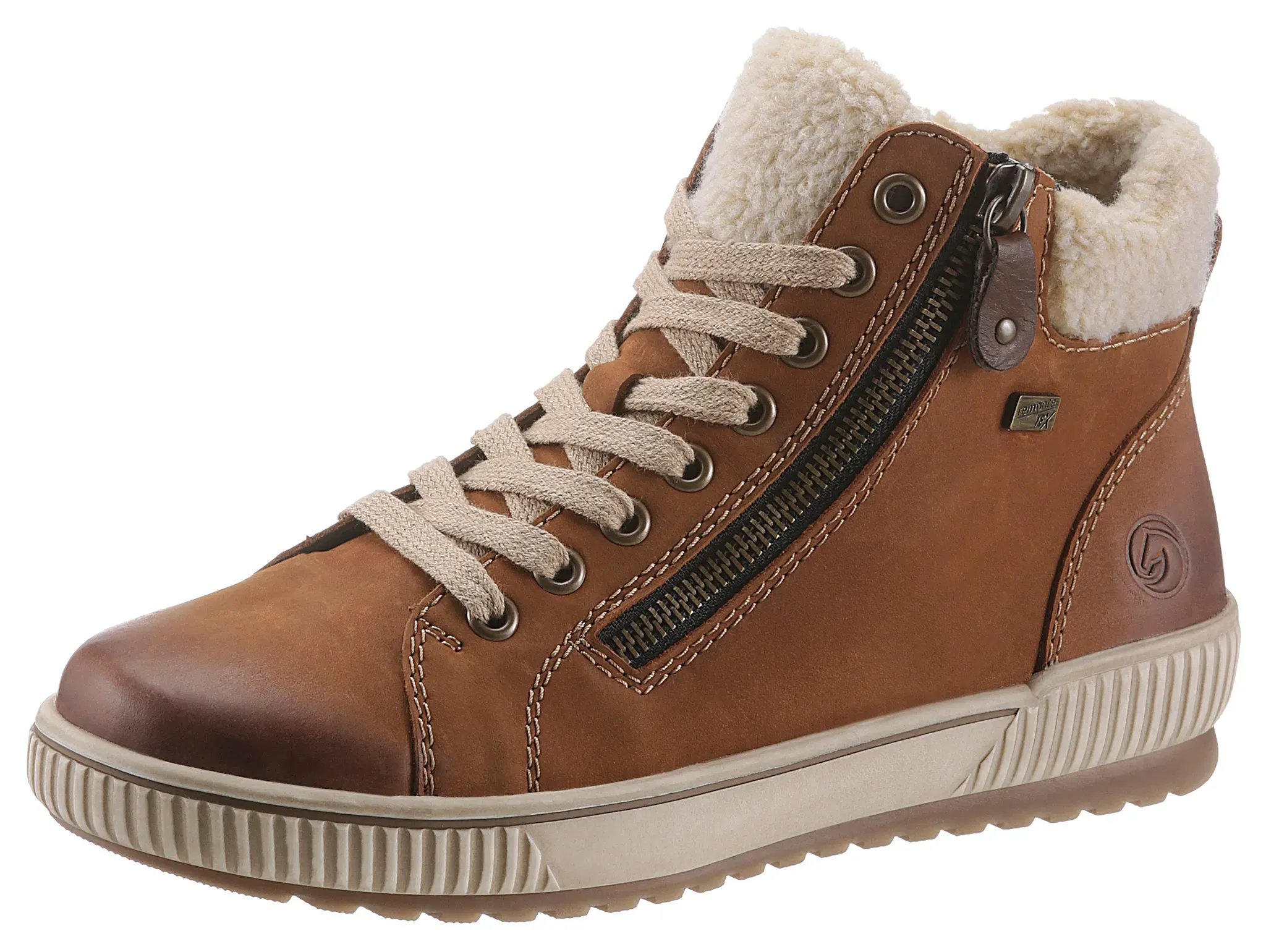 Winterboots REMONTE, Damen, Gr. 44, braun (braun, beige), Leder, Textil, Fellimitat, Schuhe Winterboots, Schnürboots, Stiefelette, Casual-Boots mit Tex-Ausstattung