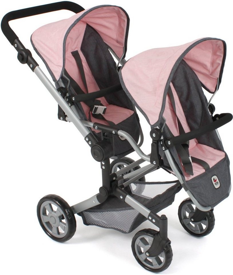 CHIC2000 Puppen-Zwillingsbuggy Linus Duo, Grau-Rosa, mit zwei abnehmbaren, bis in Liegeposition verstellbaren Sportsitzen rosa|grau