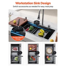 Vevor Einbauspüle 850 x 460 x 236 mm, Einbauspülbecken mit Integrierter Stufe, Wasserfallarmatur & Schneidebrett, Einzelbecken Geeignet für Wohnmobil, Vorbereitungsküche, Waschküche & Bar