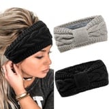 2 Stück Winter Stirnband Damen Strick Ohrenwärmer Haarband Haarreifen Mädchen Geknotet Gestrickt Stirnbänder Verdicken Frauen Haarbänder Häkelarbeit Elastische Plüsch Sport Skifahren (Schwarz + Grau)