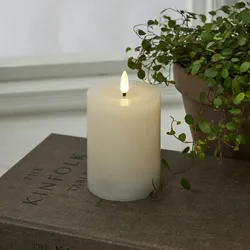 LED Kerze LINA Echtwachs realistische 3D Flamme Wachsspiegel H: 12,5cm weiß
