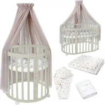 Waldin Oval Babybett OWAL aus Holz 7in1 mit Matratze, mitwachsend,Stoffe Taupe Zweige,Holz olive - Olive