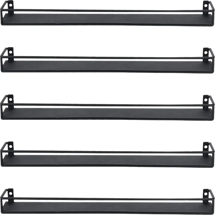 MyGift 40 cm Wandmontierte Schwarze Metallregale für Nagellack und ätherische Öle, Küchenhängeregale für Gewürzstreuer oder Gewürzgläser, Set von 5