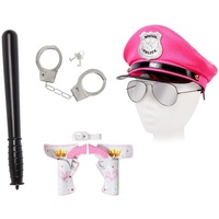 Alsino Damen Polizei Set Kostüm Uniform (Kv-113) - Pink mit Pilotenbrille Schlagstock - 24 cm Handschellen Pistole & Polizeimütze