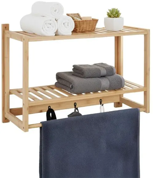 Relaxdays Wandregal Bad mit Haken & Handtuchstange Hellbraun