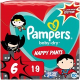 Pampers Windeln Superhelden Pants Größe 6 (15kg+) Baby-Dry, Extra Large, 19 Höschenwindeln, SINGLE PACK, mit Stop- und Schutz Täschchen