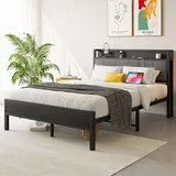 MODFU Metallbett Jugendbetten 140×200 mit Matratze,Polsterbett mit Gepolstertes Kopfteil,Bettrahmen mit LED,Lattenrost und Steckdose,Schwarz - Grau