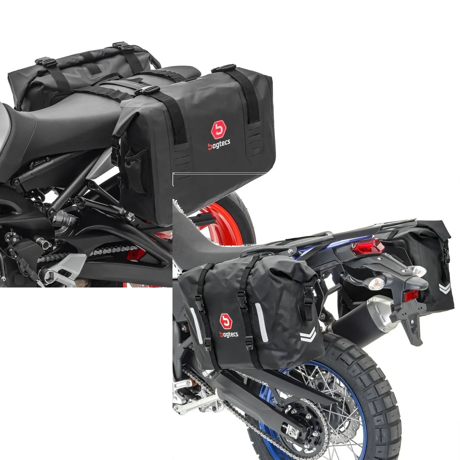 Set: Motorrad Seitentaschen Wasserdicht Bagtecs WD1 2x43l mit Rollverschluss + Motorrad Satteltaschen Wasserdicht Bagtecs WP8 2x30L Rollverschluss Seitentasche