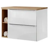 Lomadox Waschtischunterschrank Set 81cm Hochglanz weiß & Wotaneiche b/h/t ca. 81/59,5/46cm