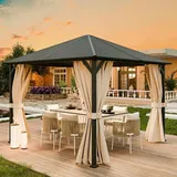 UDPATIO 3x3 m Pavillon Polycarbonat mit Vorhängen, Wetterbeständige Legierungen-Gartenpavillon wasserdicht stabil Winterfest UV-Schutz 6x6 cm starken Pfosten für Garten, Terrasse, Champagner