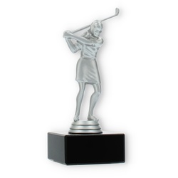 Pokal Kunststofffigur Golf Damen silbermetallic auf schwarzem Marmorsockel 16,0cm