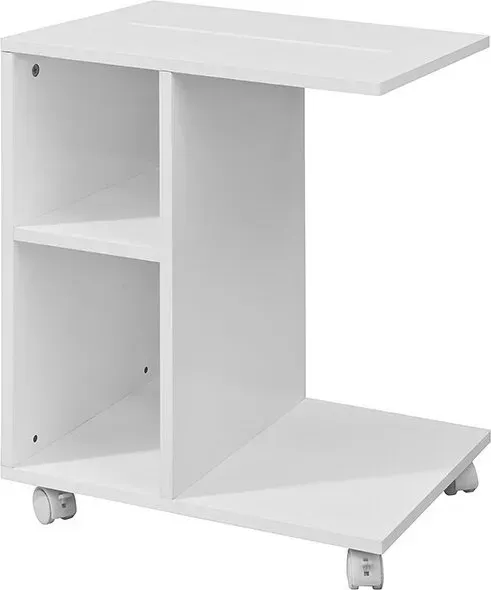 SoBuy C-förmiger Sofa Beistelltisch mit 2 Stauraumregalen & Tablet-Halter, Moderner Kaffeetisch auf Rollen für Wohnzimmer, Weiß