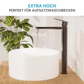 Bächlein Badarmatur Mizarela hoch in klassischem Design, Einhebelmischer für Aufsatzwaschbecken mit langlebiger Keramikkartusche und Montage-Set, Bad Wasserhahn Anthrazit - flacher Auslauf