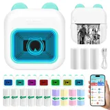 Ambesty Mini Drucker, Mobiler Fotodrucker, Tragbarer Mini Fotodrucker mit Sieben Farben LED und Spiegeln, Wireless Thermodrucker mit 13 Rollen Druckerpapie, Smartphone Bluetooth Drucker(Blau)