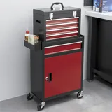 Rollbarer Werkzeugschrank, Stabiler Schrank Mit Oberer Werkzeugkiste Und Schubladen, Abschließbar, Metall, Schwarz+rot