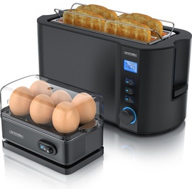 Arendo - Set Toaster MANHA mit Eierkocher SIXCOOK Edelstahl Schwarz, Toaster 4 Scheiben, LED-Display, 6 Bräunungsgrade, Brötchenhalter - Eierkocher