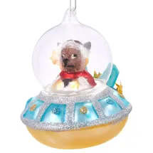 Brubaker Hund im Sternen UFO Blau - Handbemalte Weihnachtskugel aus Glas - Mundgeblasener Christbaumschmuck Figuren lustig Deko Anhänger Baumkugel - 10 cm