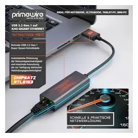 Primewire Netzwerk-Adapter USB Typ A zu RJ-45 (Ethernet), USB 3.2 Netzwerkadapter extern mit Gigabit RJ45 Anschluss