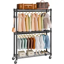 Vevor 3-lagiger Rollbarer Kleiderständer Garderobenständer Kleiderstangen, 204 cm Höhe Stahl Kleiderständer 182 kg Belastbar, Strapazierfähig Ständer für Schlafzimmer, Wäscheraum, Ankleidezimmer usw.