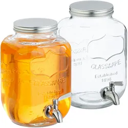 Relaxdays Getränkespender im 2er Set, Limobehälter 4L, Zapfhahn und Deckel, Wasserspender, Glas & Edelstahl, transparent