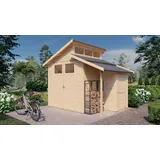 BERTILO Gartenhaus BERTILO "Studio Set 2, in verschiedenen Farben", beige (natural), Fußboden im Gartenhaus, ohne Dacheindeckung, Holz, Gartenhäuser, mit Doppelpultdach, Oberlicht und Dachverlängerung + Wandschrank