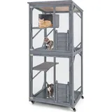 GOPLUS Katzenhaus Outdoor mit 4 Ebenen, Katzengehege mit Sprungbereich & Katzenhöhle, Katzenkäfig mit 4 Türen & Rollen, wetterfestes Katzenhaus - Grau