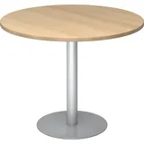 bümö Besprechungstisch, Esstisch klein, Tisch rund 100 cm - Kleiner Esstisch Eiche, Rundtisch Esstisch 2 Personen mit Holz-Platte, Säule aus Metall in Silber, Konferenztisch, Bistrotisch