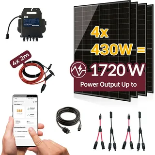 sunova Balkonkraftwerk 1720W Komplettset mit 4 x 430W Bifalzial Module Glas-Glas der Marke Sunova Solar, Steckdose, APsystems Wechselrichter, 5 Meter Schutzkontakt-, 4x 2 Meter DC Kabel, ohne Halterung