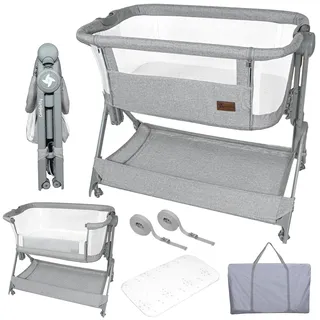 Twinly – Beistellbett Baby Comfortly mit Rollen | Klappbar & Höhenverstellbar (5 Stufen), Atmungsaktiv ab 0+ Monate bis 9 kg, inkl. Matratze, Laken & Tasche – Ohne Montage (Grau)