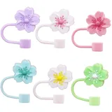 CHSZSH 6 Stück Blumen-Strohhalm-Deckel, Silikon, Wiederverwendbar, Staubdicht, Auslaufsicher, Stroh, Trinkhalm