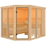 Woodgarden GmbH Karibu Sauna Araya Superior mit Eckeinstieg 68 mm Ohne Dachkranz 9 kW Bio-Kombiofen inkl. Steuergerät