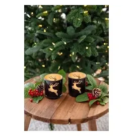 Edzard 2er Set Teelichtglas ELSA (Höhe 8 cm), Hirsch-Motiv, außen schwarz/innen Gold