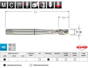 RUKO Maschinengewindebohrer M DIN 371 HSS M 10 Gewindelänge 12 mm