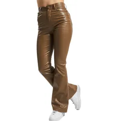 Sixth June Damen Kunstleder-Hose Schlag-Hose mit Marken Stickerei Alltags-Hose 33611 Braun - S