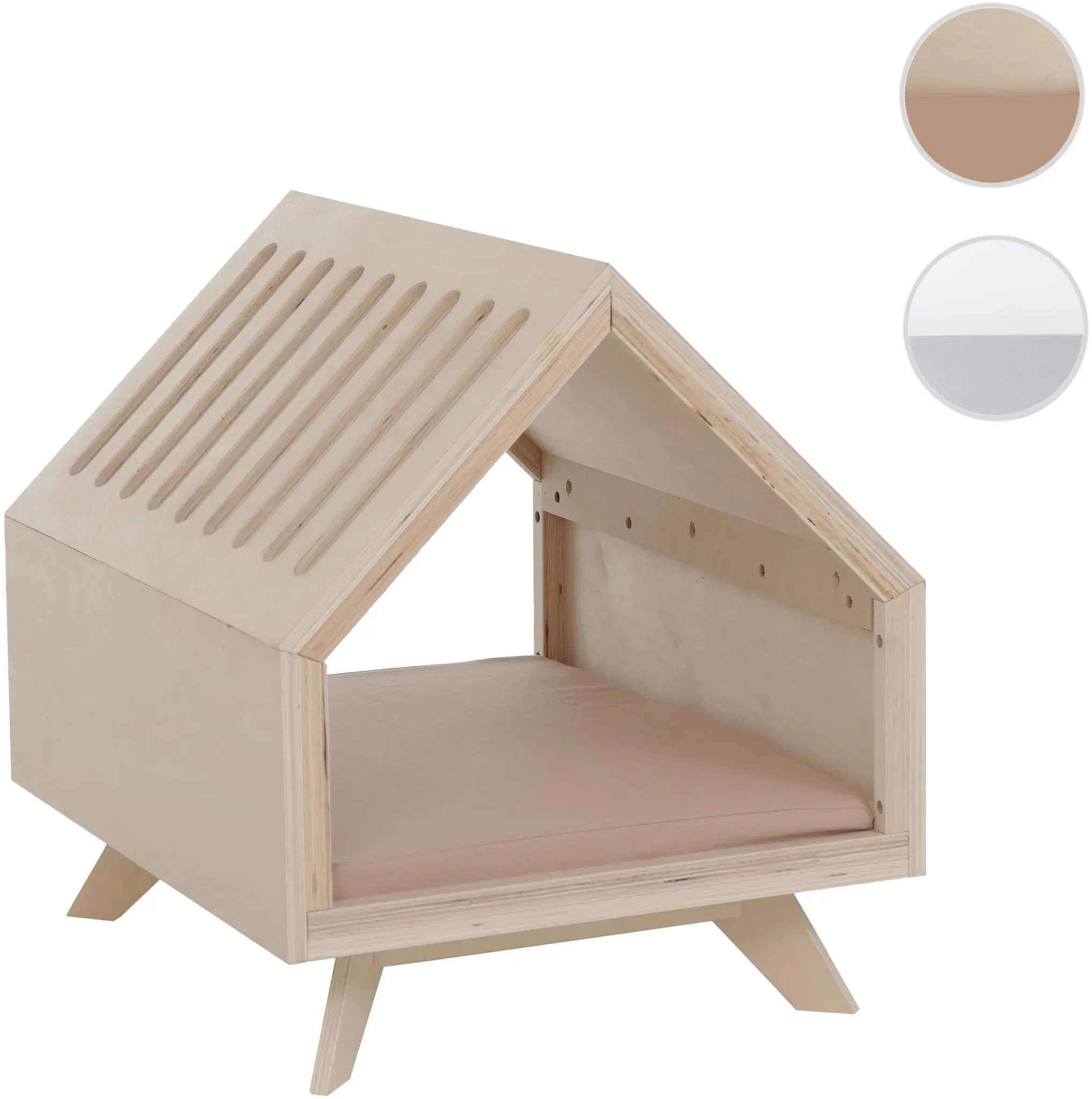 Schlafhütte HWC-Q65, für Haustiere Katzen-/Hundebett Tierhaus Holz MVG 58x50x60cm ~ natur, Kissen beige