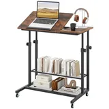COSTWAY Laptoptisch, Betttisch auf Rollen höhenverstellbar mit Ablagen braun