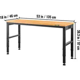 Vevor Höhenverstellbare Werkbank 135 x 46 x 72 - 97 cm Spanntisch, 900 kg Gewichtskapazität Arbeitstisch, Braun Klappbare Werkzeugbank aus Kaltgewalzter Stahl, Multifunktionswerktisch für Lager & Büro