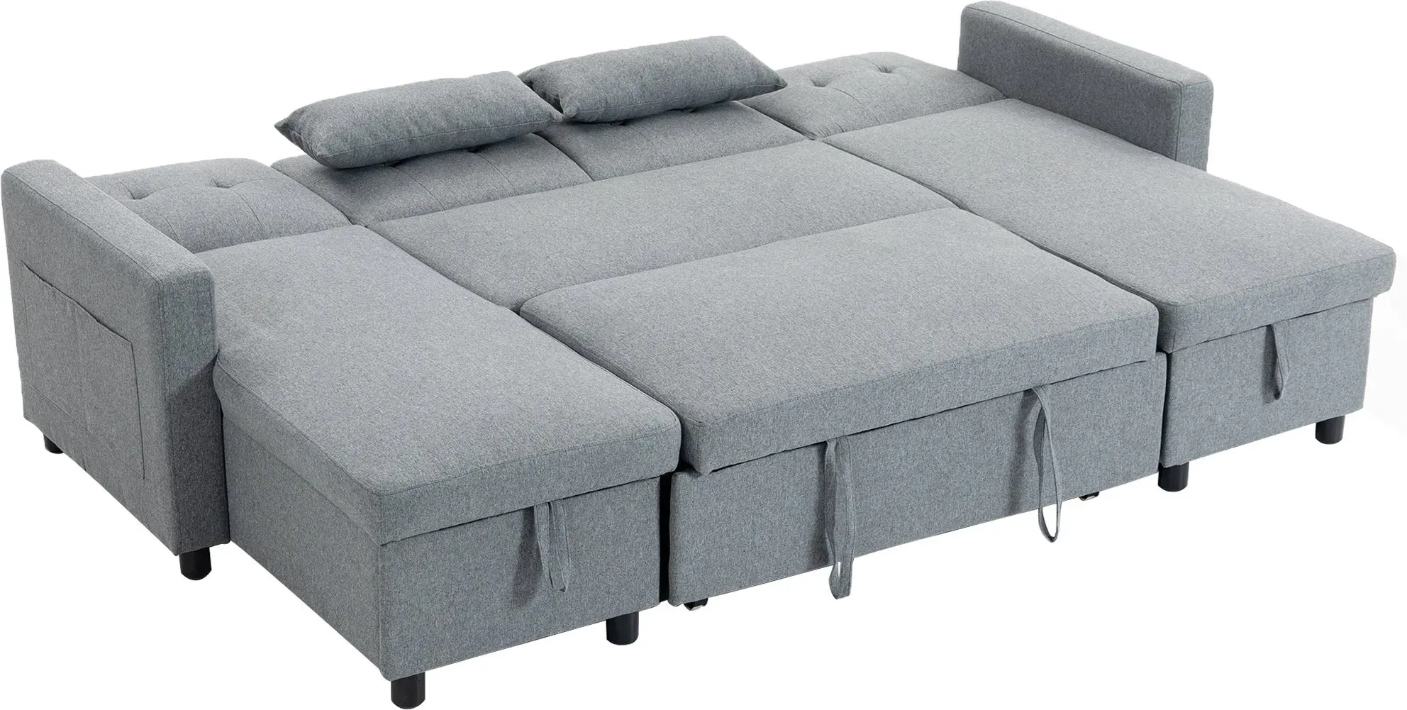 HOMCOM Ecksofa mit Schlaffunktion und Bettkasten U-Form 4-Sitzer Sofa Ausziehbares 3 in 1 Schlafsofa mit Chaiselongue, Verstellbarer Rückenlehne, Kissen, Leinenoptik Schlafcouch für Wohnzimmer, Grau   Aosom