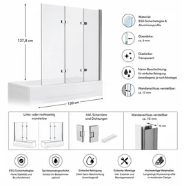 MuCoLa Duschabtrennung Badewannen Badewannenaufsatz ESG Glas Duschtrennwand Badewannenfaltwand Duschwand - 140x130cm